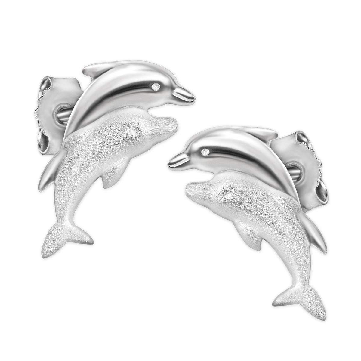 Ohrringe als Stecker 2 springende Delfine 11mm  teilmatt Echt Silber 925