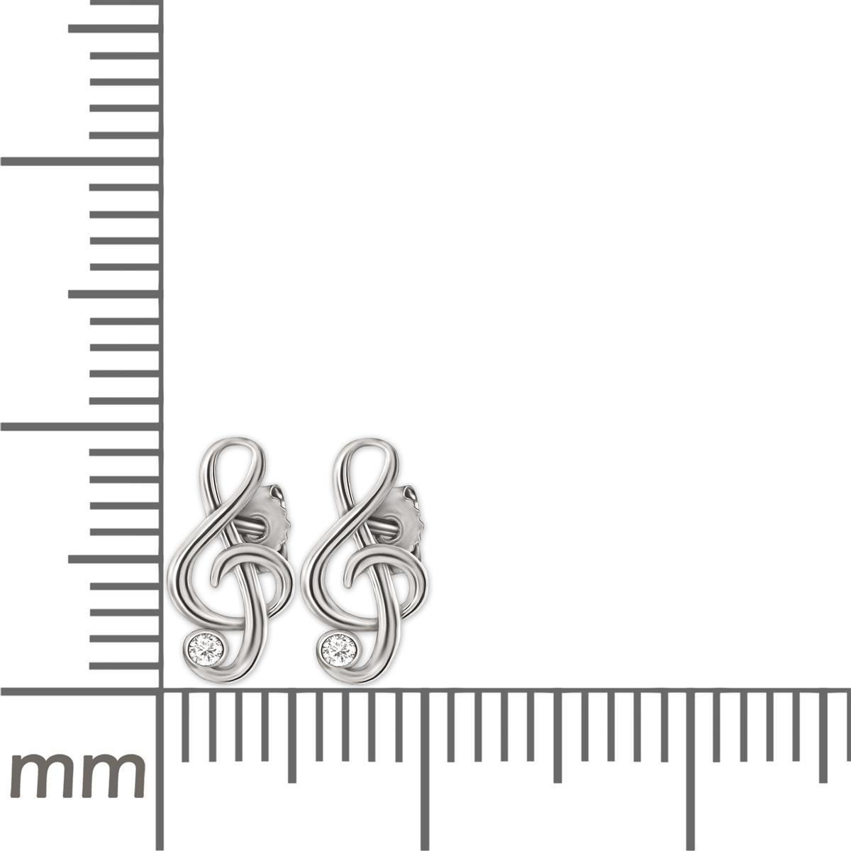 Silberne Ohrstecker Mini Notenschlüssel 9 x 5 mm elegant mit Zirkonia weiß glänzend STERLING SILBER 925