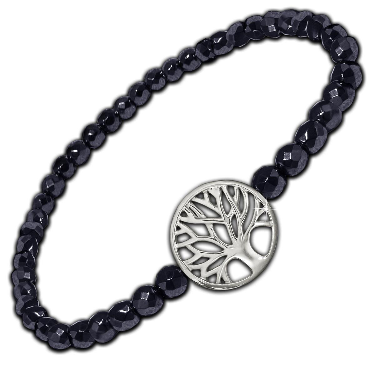 Damen Armband Lebensbaum Hämatit 19 cm lang flexibel dehnbar mit Lebensbaum Ø 14 mm 925 Sterling Silber