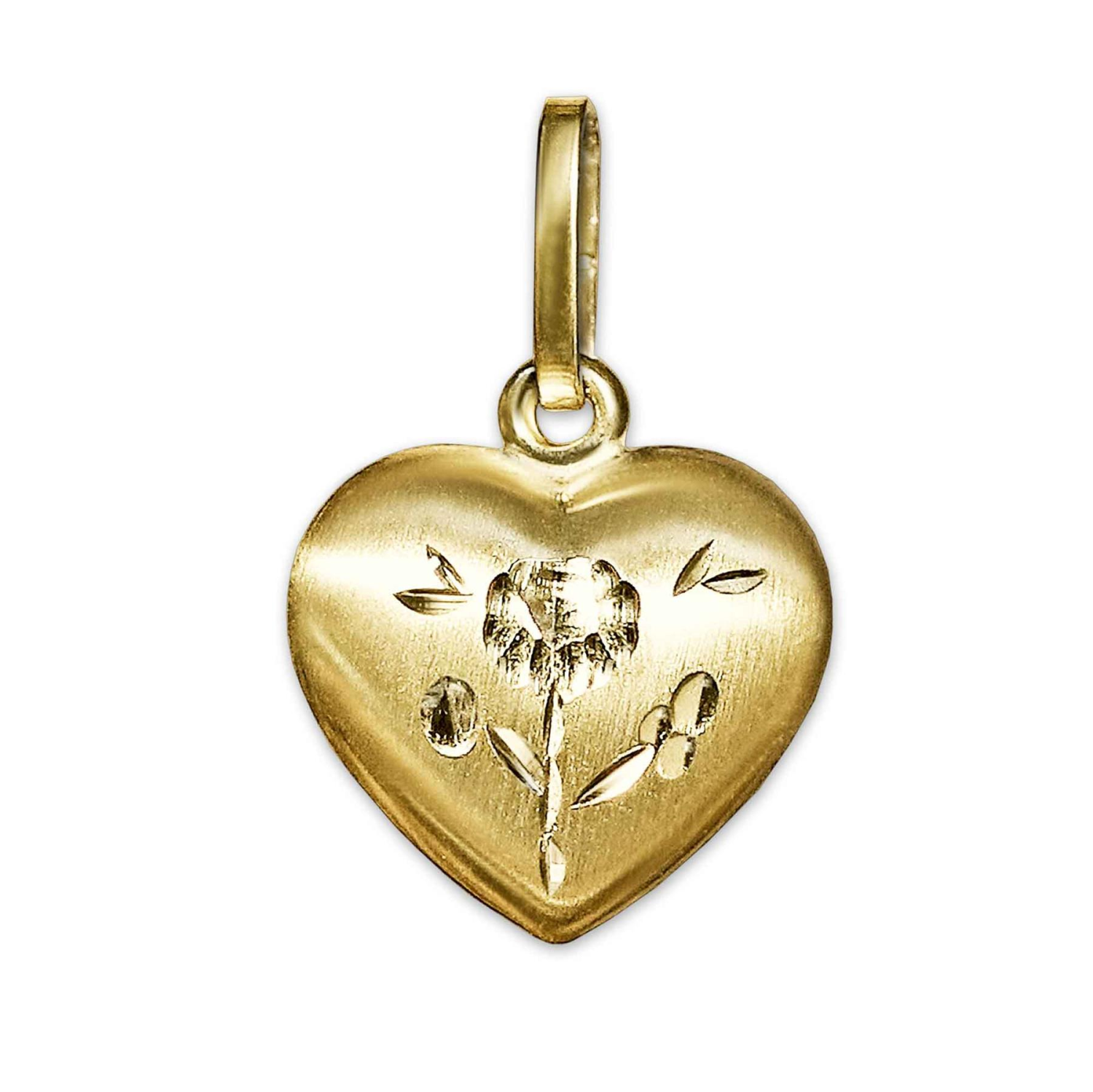 Goldener Anhänger Herz 9 mm eine Seite seidenmatt mit Blume diamantiert verziert, andere glänzend 333 GOLD 8 KARAT