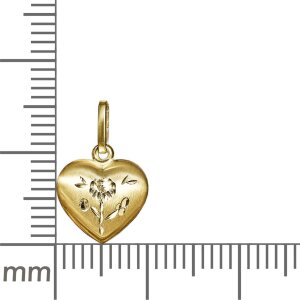 Goldener Anh&auml;nger Herz 9 mm Blume diamantiert verziert halb gl&auml;nzend matt 333 Gold