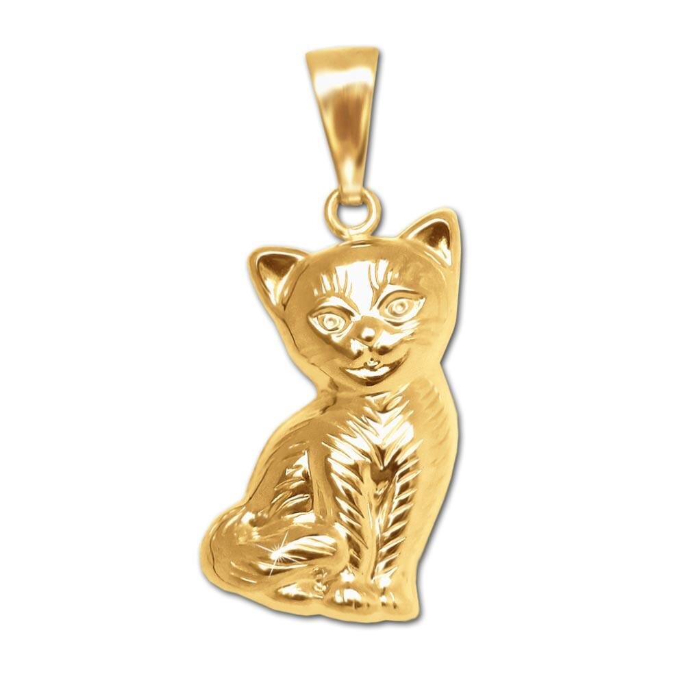 Goldener Anh&auml;nger Katze sitzend, beidseitig plastische Form, Fell als Strichmuster gl&auml;nzend 333 Gold