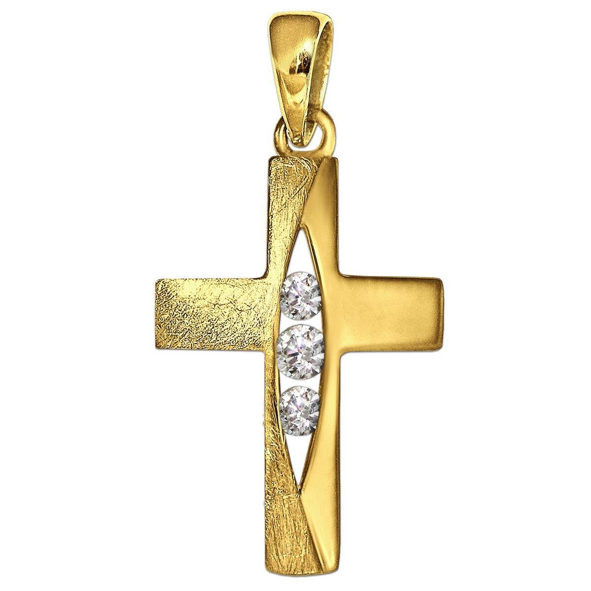 Goldenes Kreuz 16 mm mit 3 Zirkonia glänzend matt gemustert 333 Gold