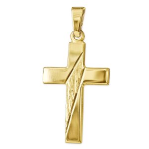 Goldener Anhänger Kreuz 21 mm quer mit Linien diamantiert glänzend 333 Gold