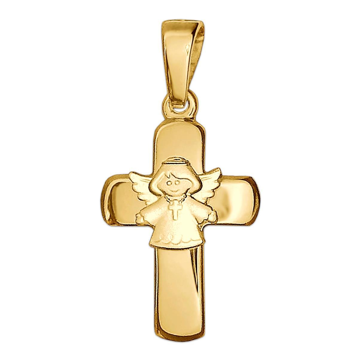 Goldener Anhänger Kreuz 15 mm glänzend mit aufgesetztem Kinderengel seidenmatt 333 GOLD 8 KARAT