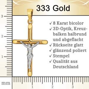 Goldener Jesus Kreuz Anhänger 26 mm 3D bicolor Balkenenden halbrund abgeflacht 333 Gold