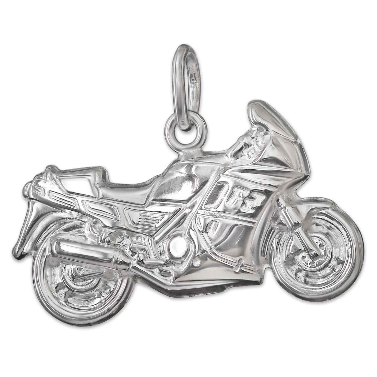 Silberner Anh&auml;nger Motorrad 23 x 13 mm beidseitig plastisch gl&auml;nzend Sterling Silber 925