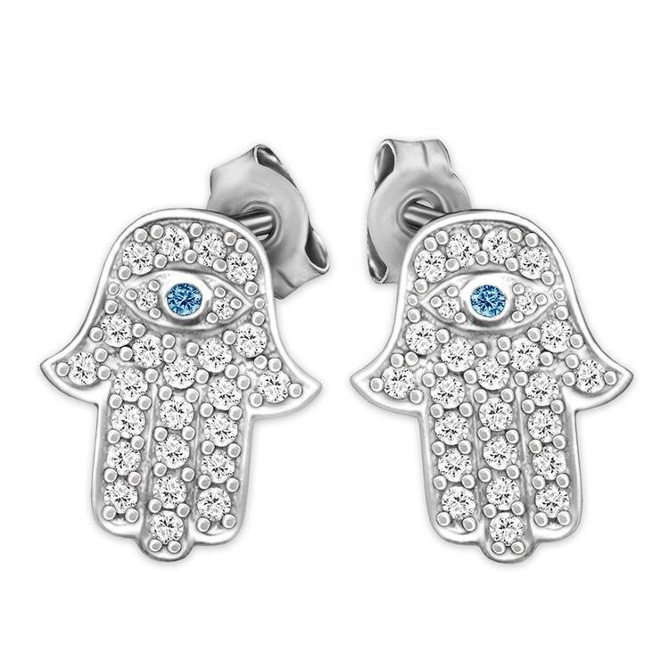 Ohrringe als Stecker  Fatimas Hand Zirkonia mit Auge blau Echt Silber 925