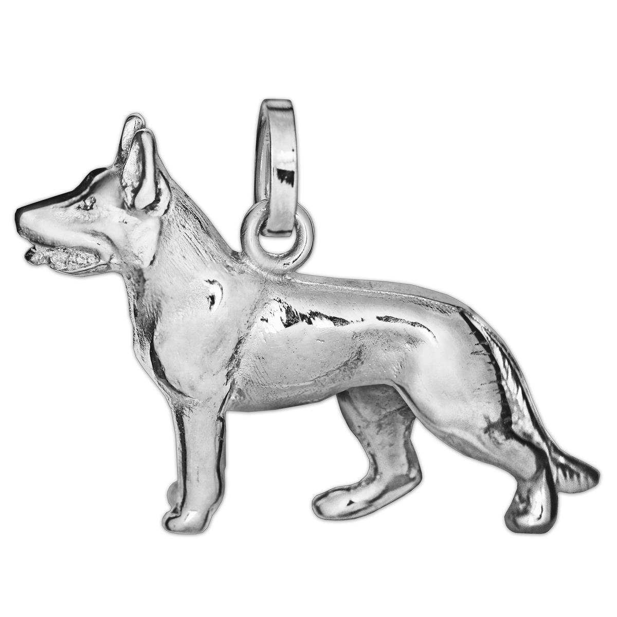 Silberner Anhänger Deutscher Schäferhund 3D vollplastisch glänzend Echt Silber 925
