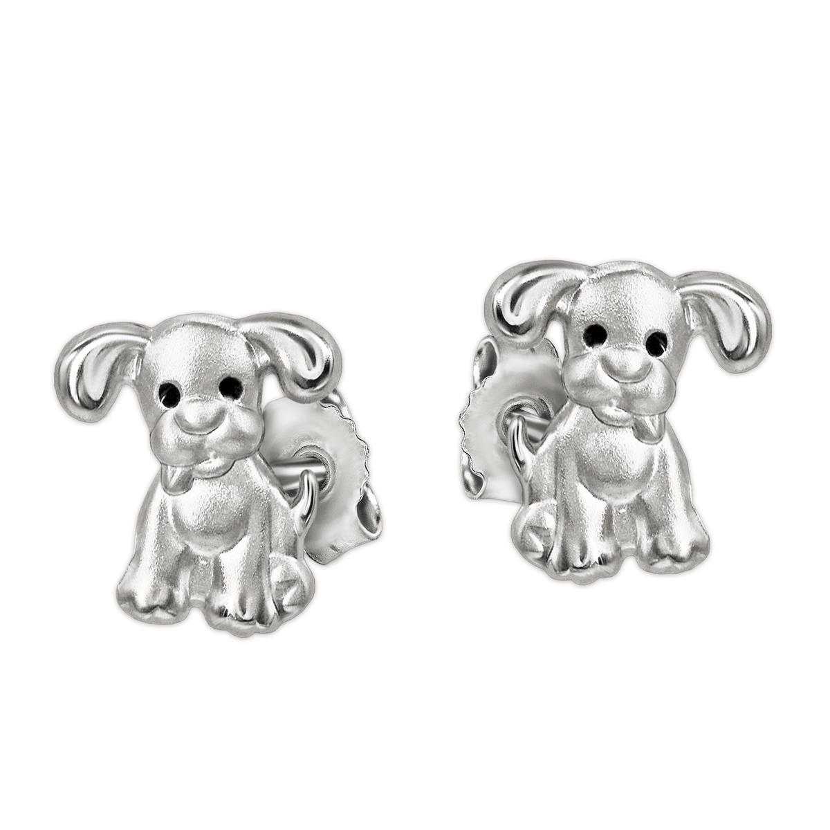 Silberne kleine Ohrstecker Mini Hunde 6 x 5 mm mit schwarzen Augen STERLING SILBER 925 für Kinder im Etui