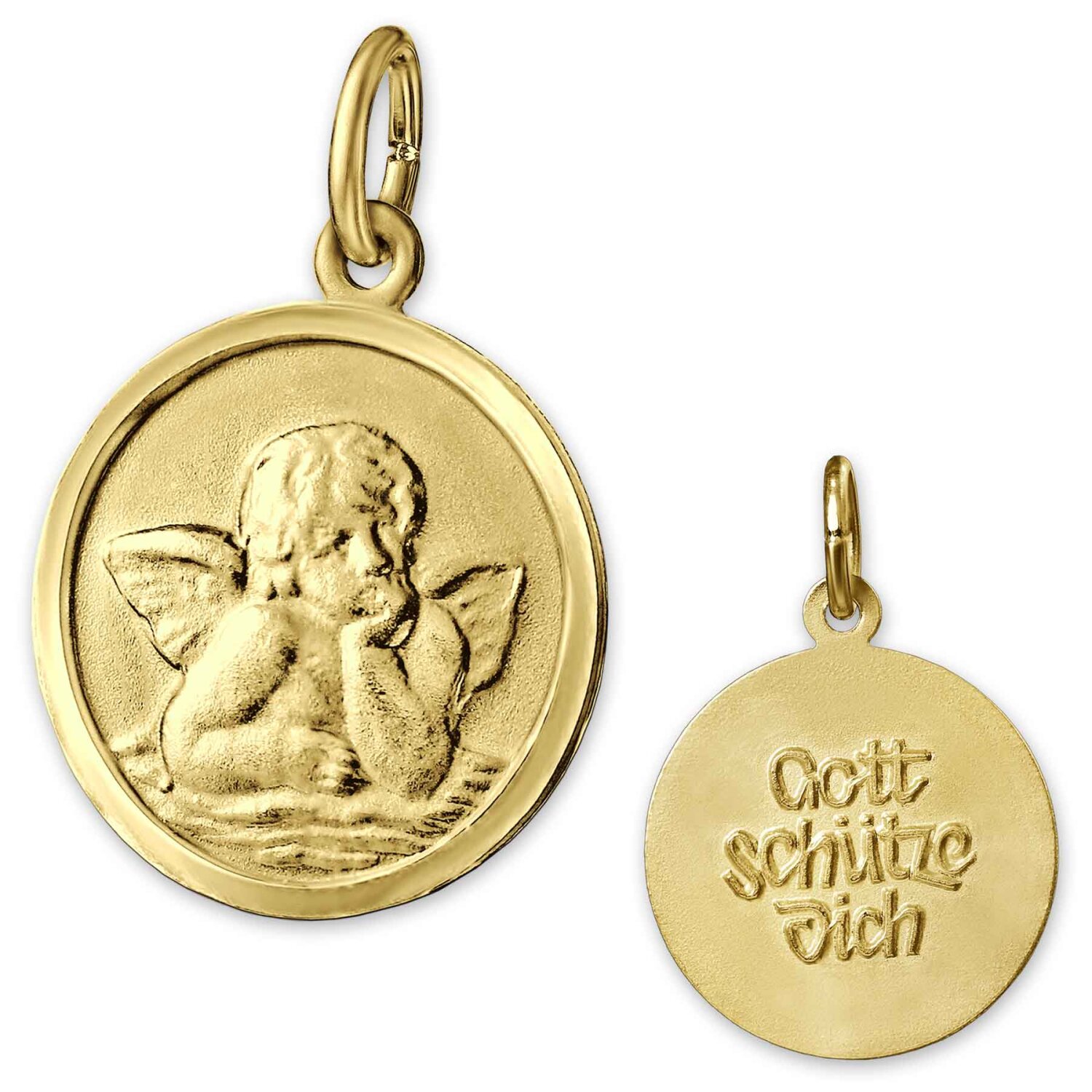 Goldener Engel &Oslash; 14 mm matt hinten mit Gott sch&uuml;tze Dich 333 GOLD 8 KARAT