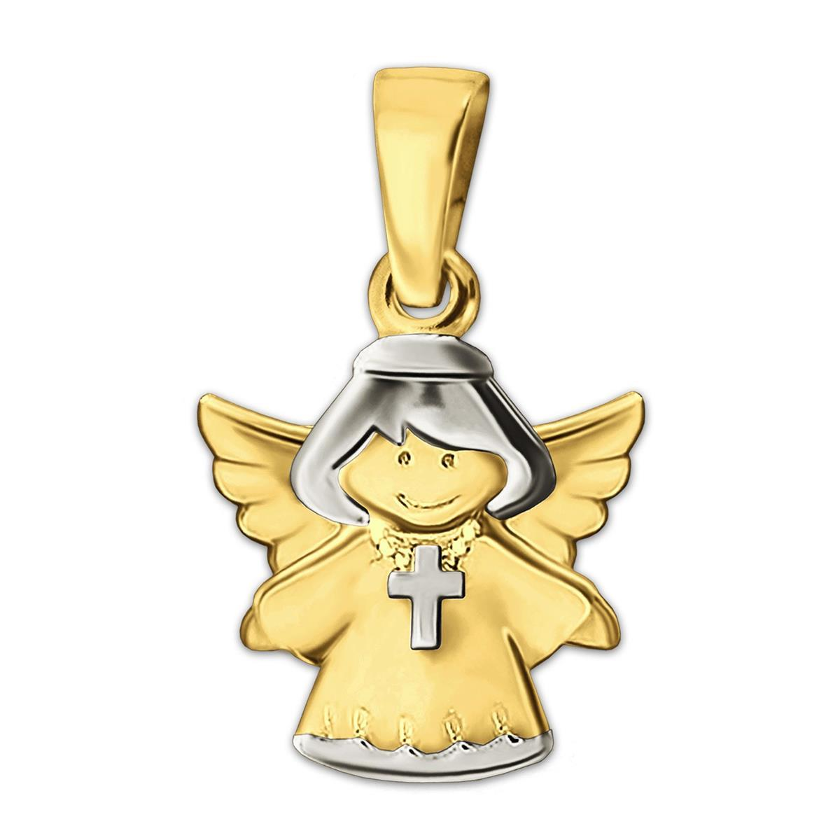 Goldener Kinderengel 13 mm Kreuz tragend glänzend bicolor 333 GOLD 8 KARAT für Kinder