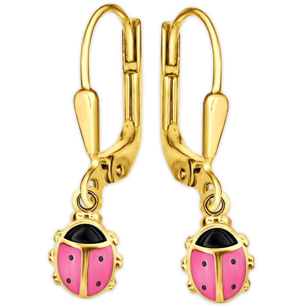 Kinder Ohrringe als Ohrhänger 22mm Marienkäfer 6mm rosa schwarz glänzend Echt Gelbgold 333