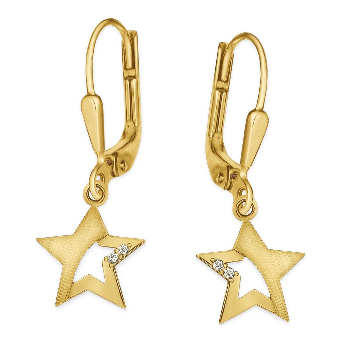 Goldene Ohrhänger 24 mm mit Stern 9 mm matt glänzend und Zirkonias weiß 333 Gold