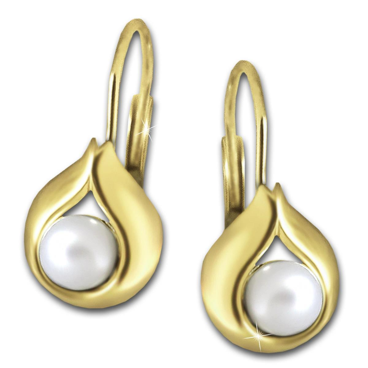 Gold Perlen Ohrringe als Hänger 16 mm mit Perle weiß Ø 4 mm elegant umrandet 333 Gelbgold 8 Karat