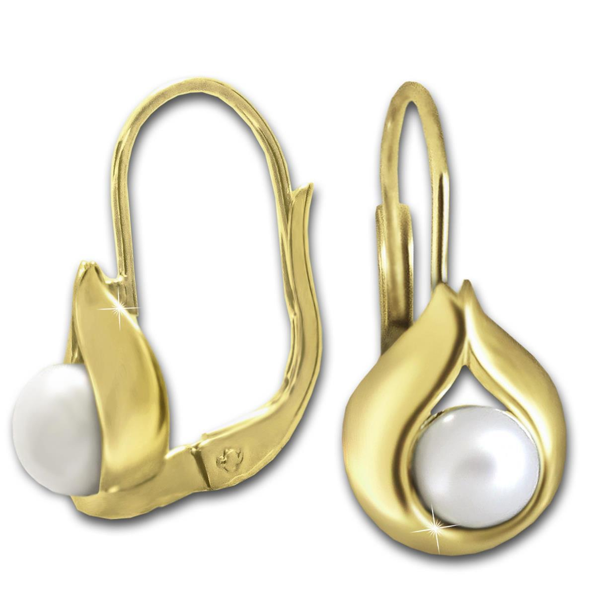 Gold Perlen Ohrringe als Hänger 16 mm mit Perle weiß Ø 4 mm elegant umrandet 333 Gelbgold 8 Karat