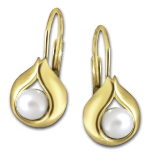 Gold Perlen Ohrringe als H&auml;nger 16 mm mit Perle wei&szlig; &Oslash; 4 mm elegant umrandet 333 Gold
