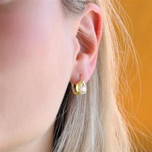 Gold Perlen Ohrringe als H&auml;nger 16 mm mit Perle wei&szlig; &Oslash; 4 mm elegant umrandet 333 Gold