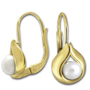 Perlen Ohrringe als Hänger 16 mm mit Perle weiß Ø 4 mm elegant umrandet 333 Gold