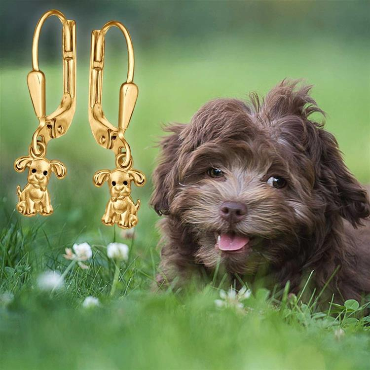 Goldene Ohrhänger 24 mm mit Mini Hund 6 mm und schwarzen Augen matt und glänzend 333 GOLD 8 Karat