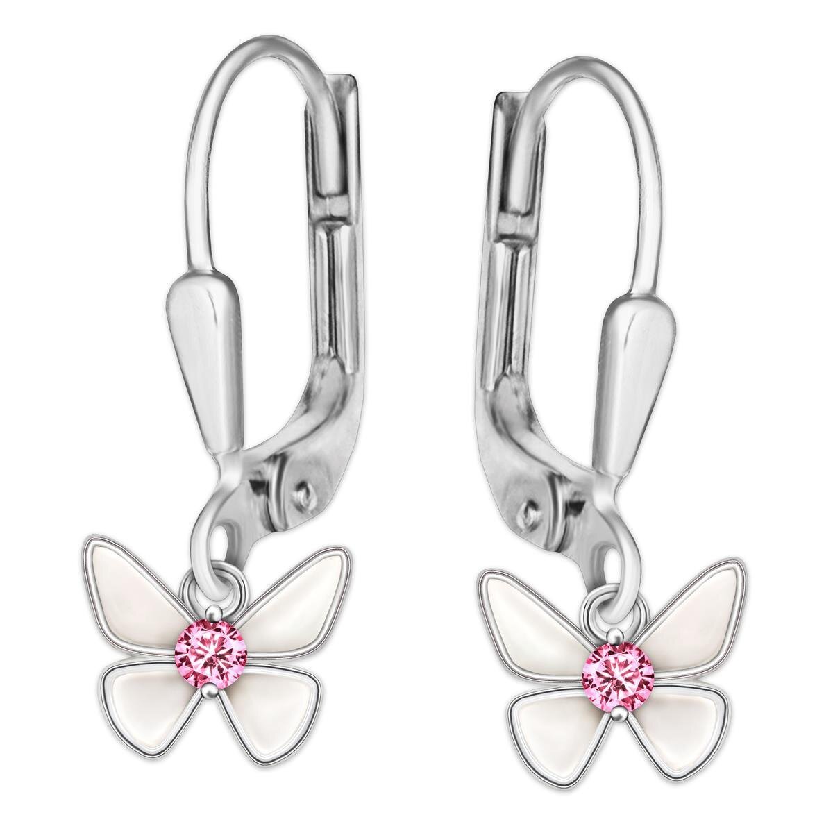 Ohrhänger 23 mm Schmetterling mit weiß und Zirkonia rosa Echt Silber 925