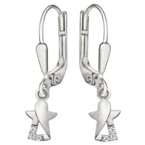Silberne Ohrhänger 26 mm Engel offen matt und glänzend mit Zirkonias stilisiert Echt Silber 925