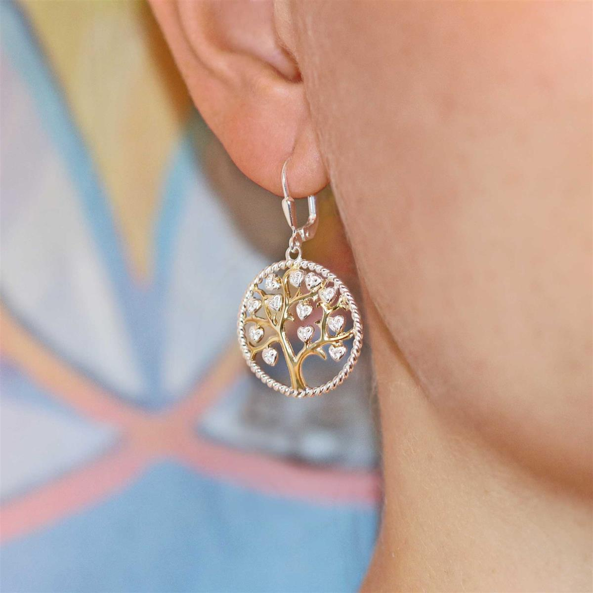 Ohrringe als Hänger Lebensbaum im gedrehten Ring mit Zirkoniasteinen herzförmig teilvergoldet Echt Silber 925