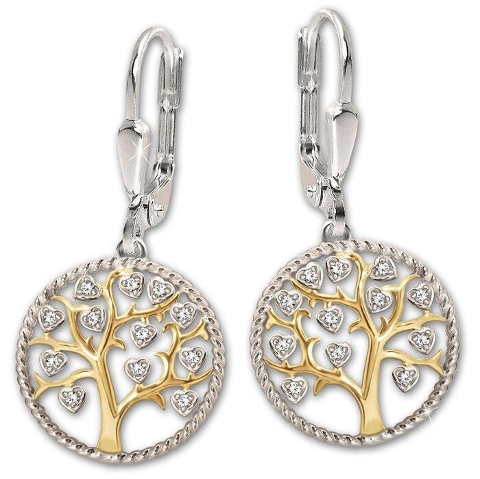 Ohrringe Lebensbaum im Ring mit Zirkoniasteinen herzförmig vergoldet Echt Silber 925