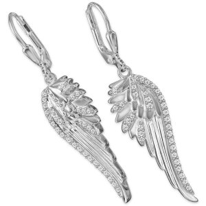 Silberne Ohrhänger 44 mm mit Flügel moderne Form viele weiße Zirkonias Echt Silber 925