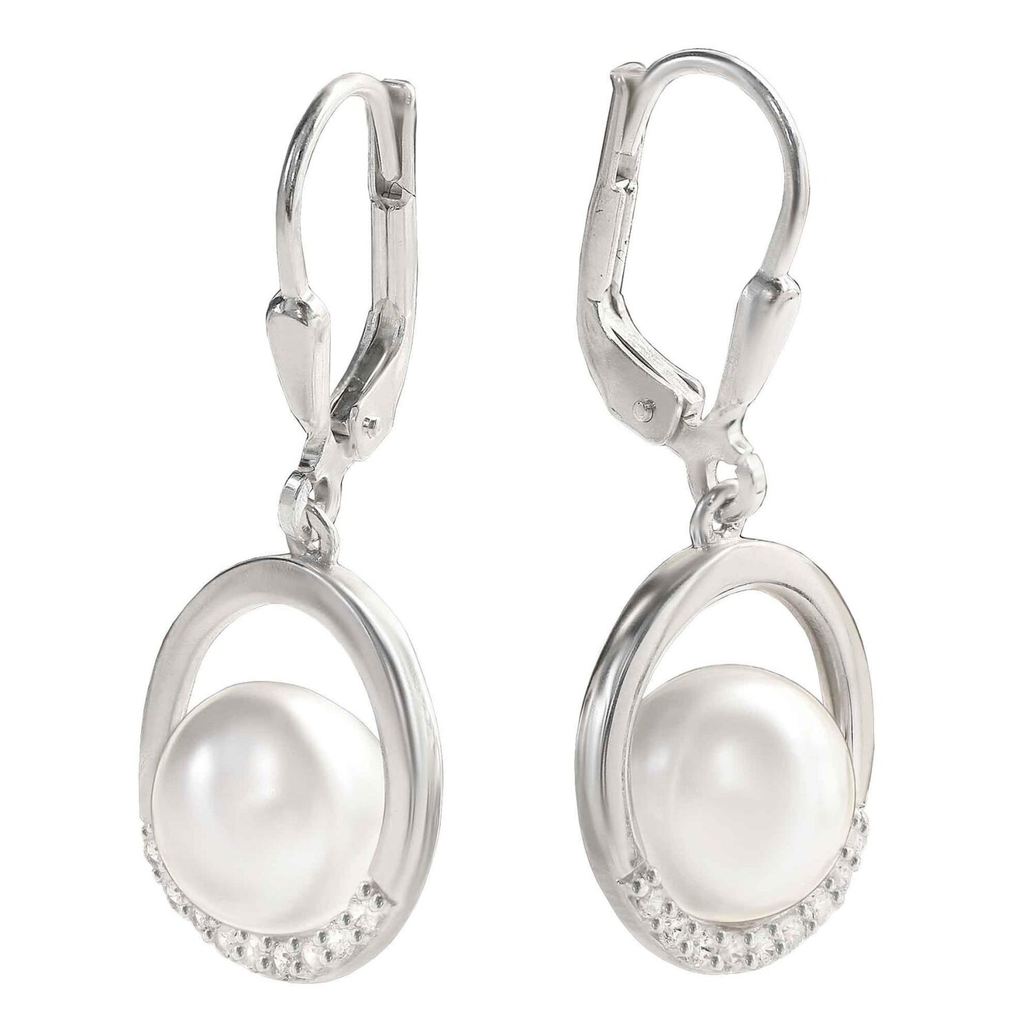 Silberne Perlenohrringe 28 mm mit weißer Perle  elegant auf Silberring Echt Silber 925