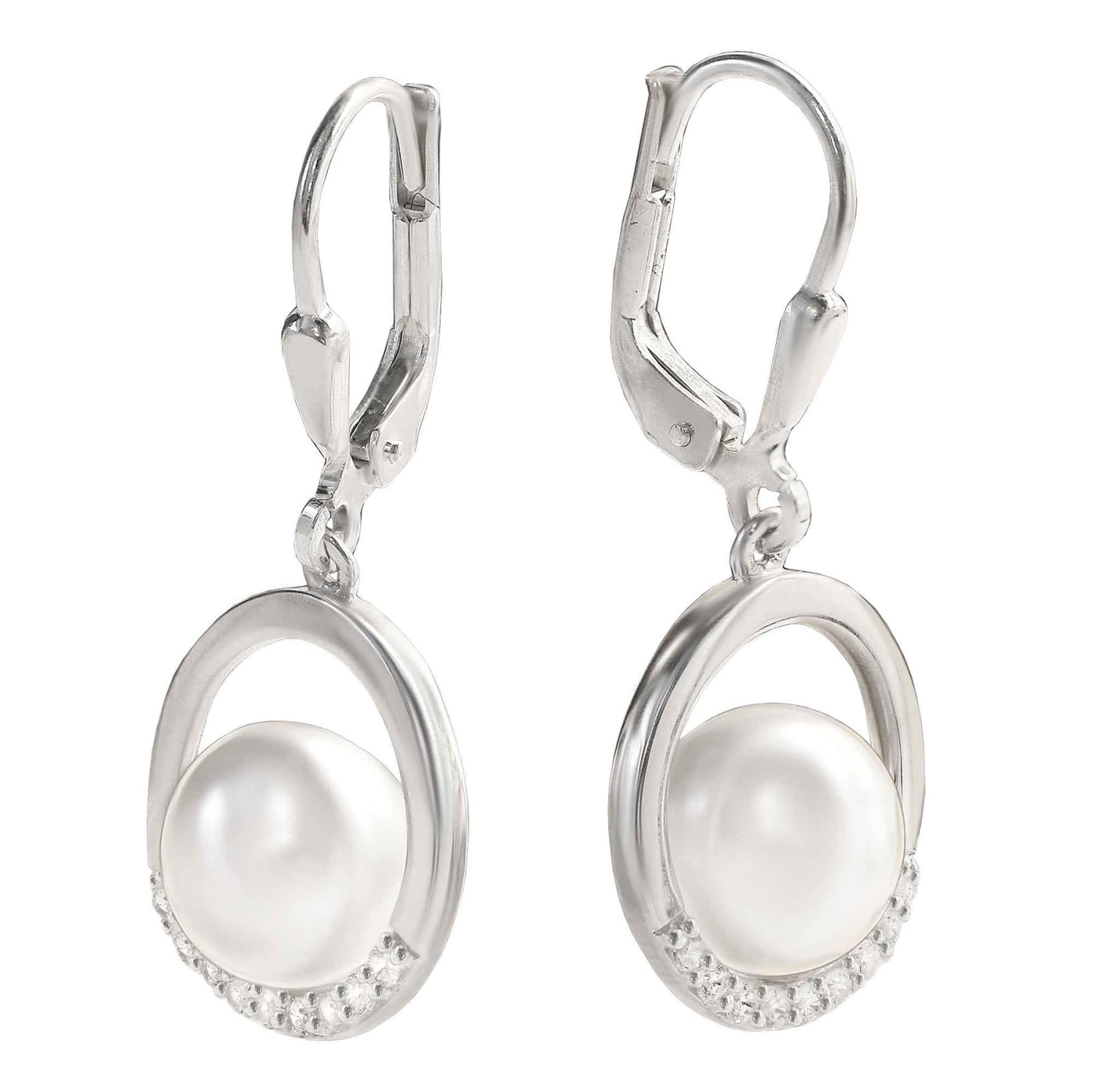 Silberne Perlenohrringe 28 mm mit weißer Perle Ø 9 mm elegant auf einen Silberring STERLING SILBER 925