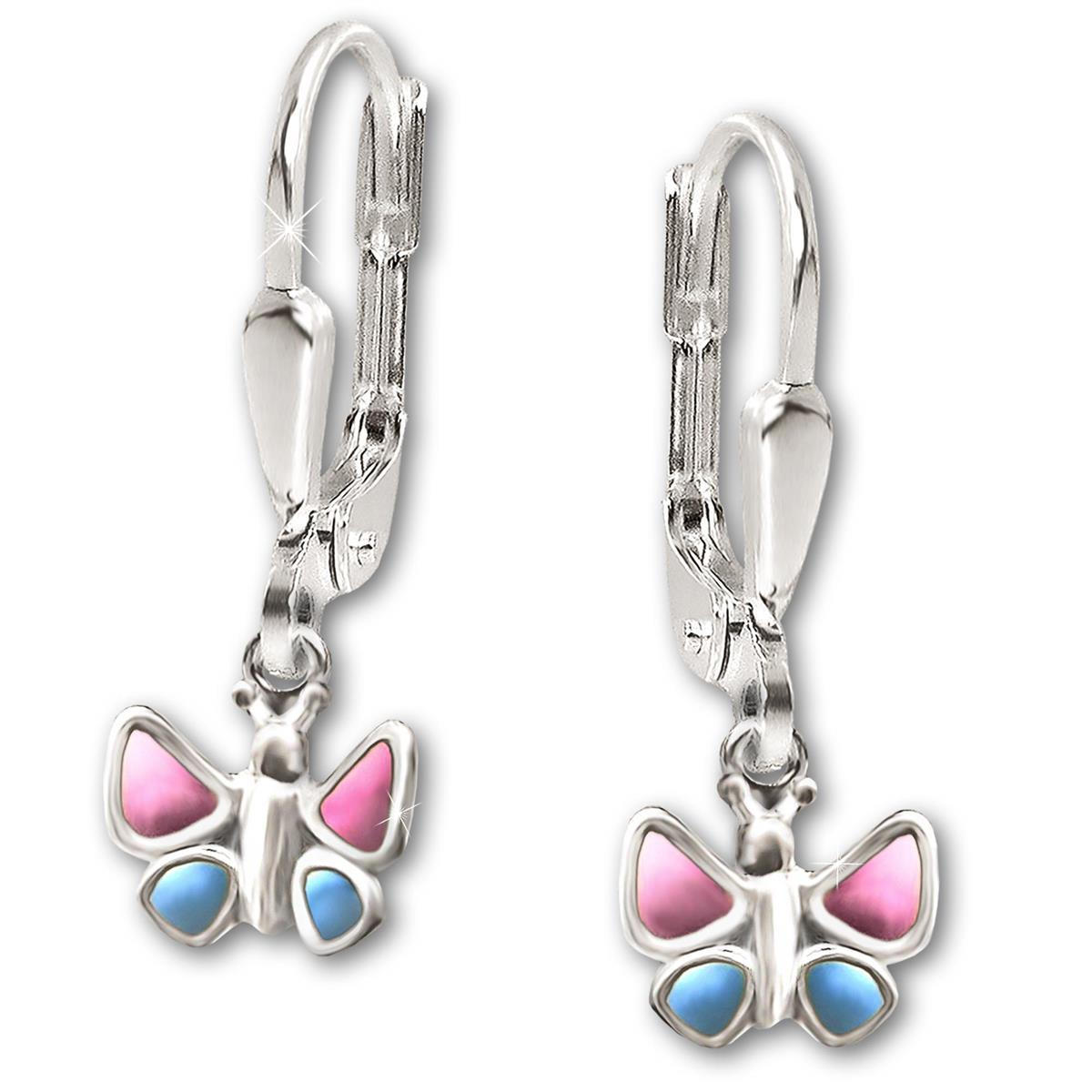 Silberne Ohrhänger 21 mm Schmetterling 7 mm plastisch rosa blau lackiert und glänzend STERLING SILBER 925