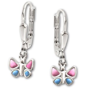 Silberne Ohrringe 21 mm Schmetterling rosa blau lackiert Echt Silber 925