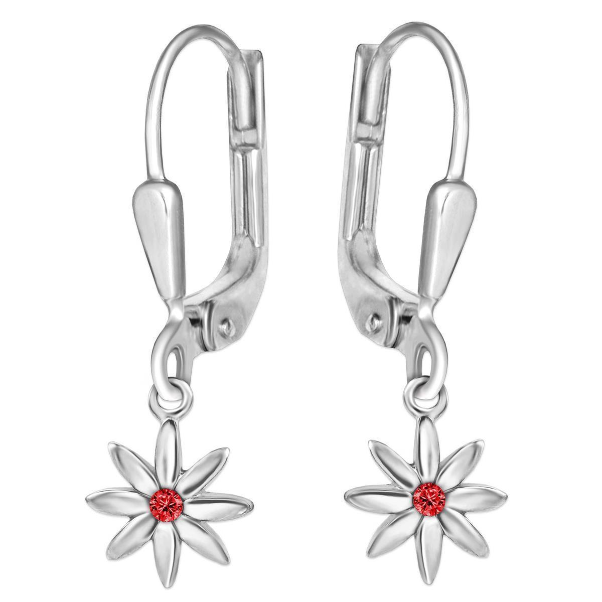 Kinder Ohrringe Hänger 22 mm mit Blume mit Zirkonia rot Echt Silber 925
