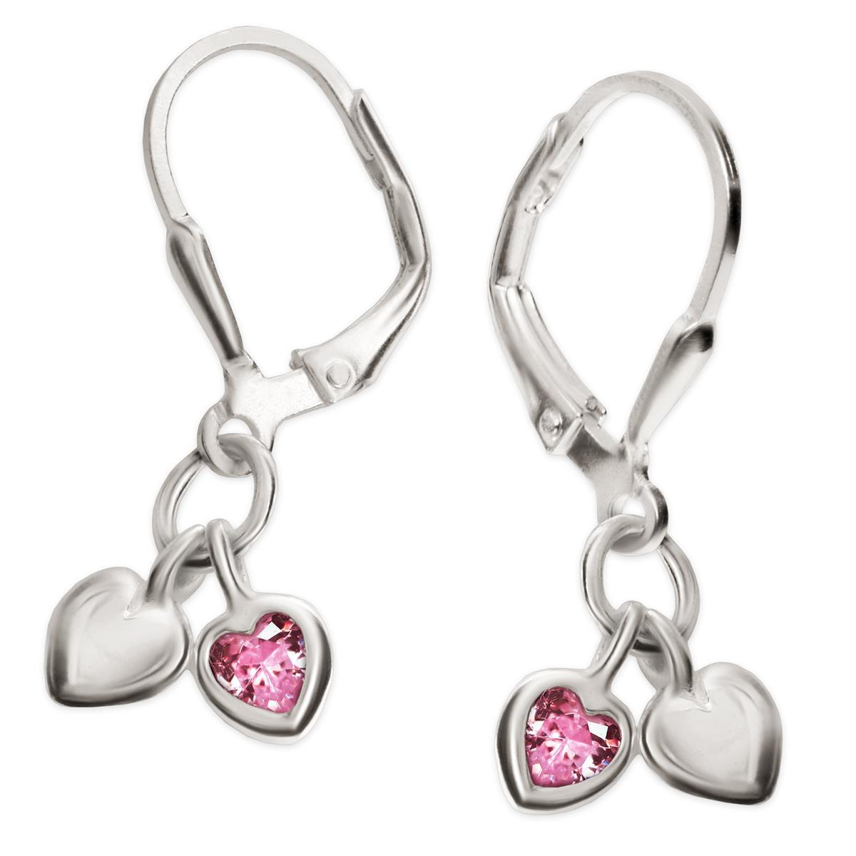 Silberne Ohrhänger 2x Mini Herz 5 mm geschlossen und und Zirkonia rosa glänzend STERLING SILBER 925