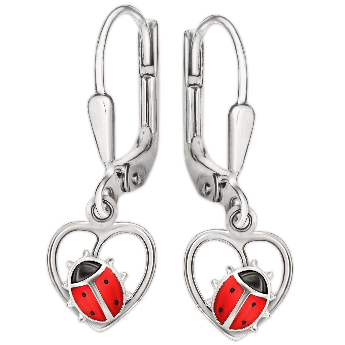 Ohrringe Marienk&auml;fer 26 mm mit Herz rot und schwarz Echt Silber 925