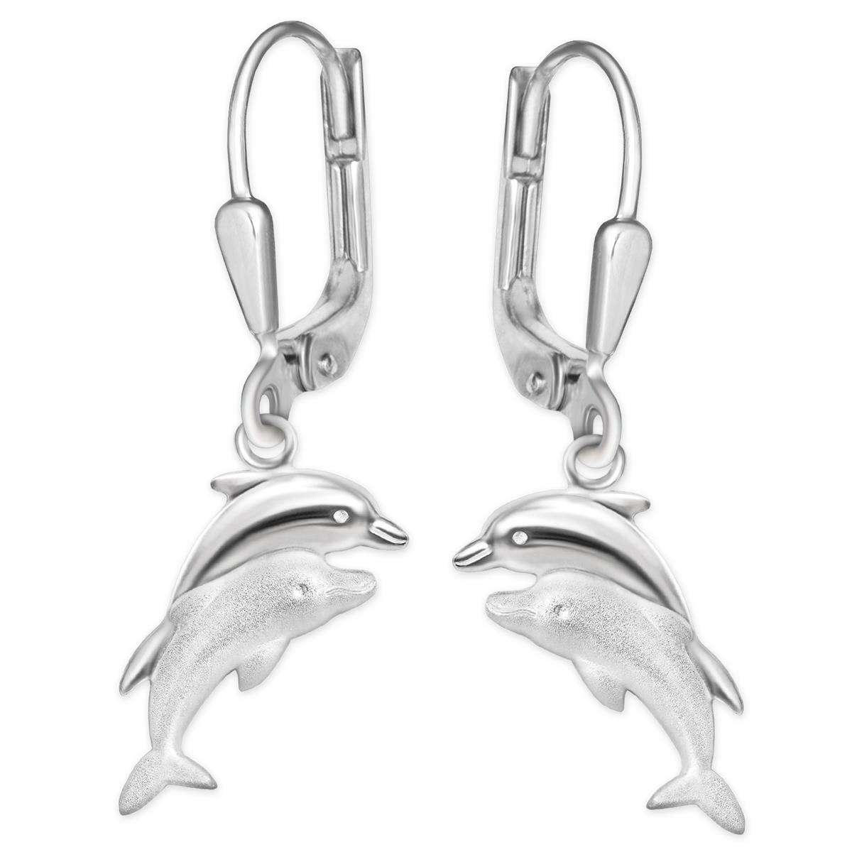 Silberne Ohrhänger 24 mm mit Delfinpaar 11 mm matt und glänzend STERLING SILBER 925