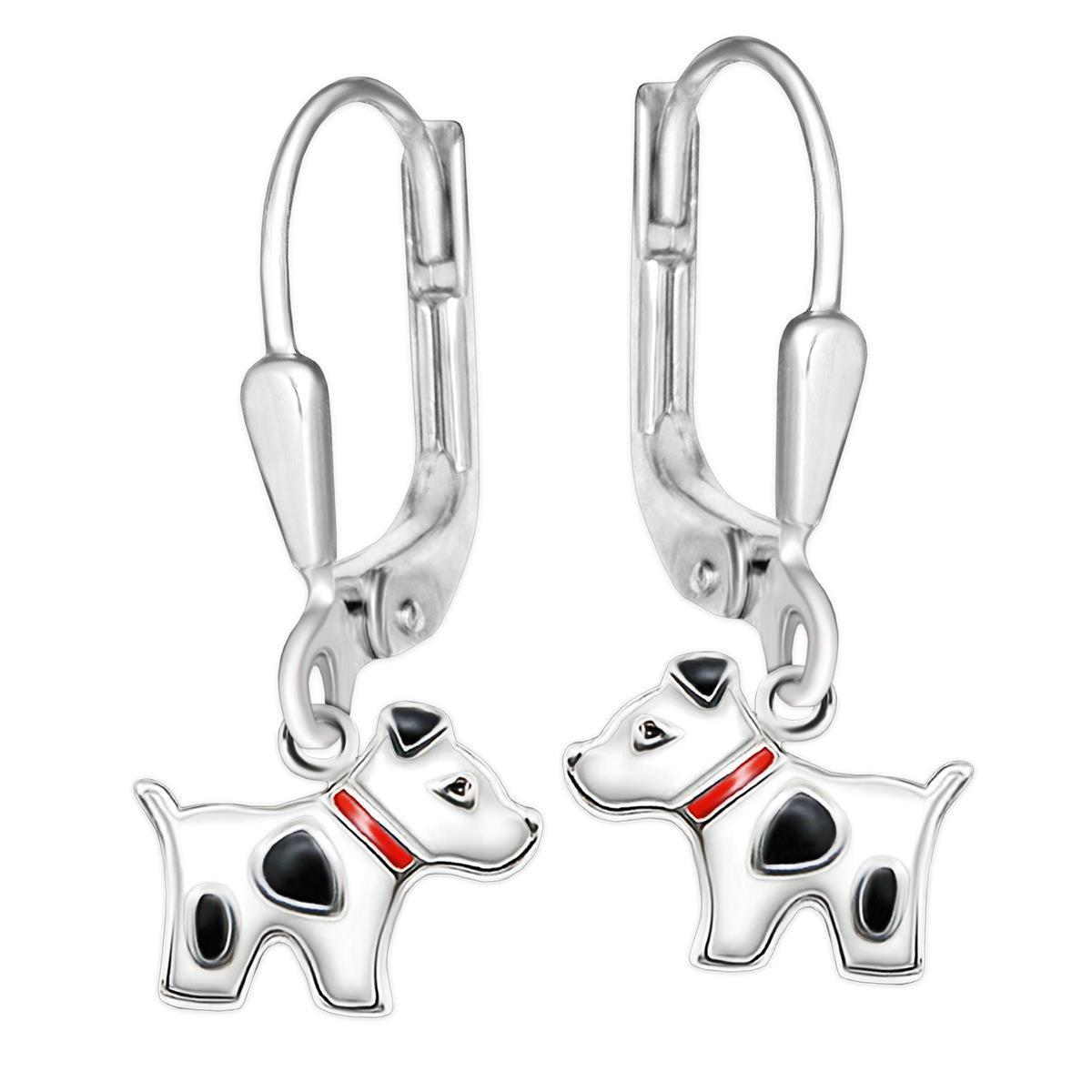 Silberne Ohrhänger 21 mm Hunde 8 mm weiß rot und schwarz lackiert glänzend STERLING SILBER 925