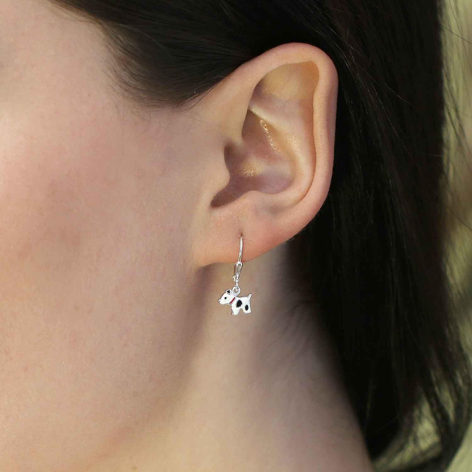 Silberne Ohrhänger 21 mm Hunde 8 mm weiß rot und schwarz lackiert glänzend STERLING SILBER 925