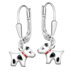 Silberne Ohrhänger 21 mm Hund weiß rot und schwarz lackiert Echt Silber 925