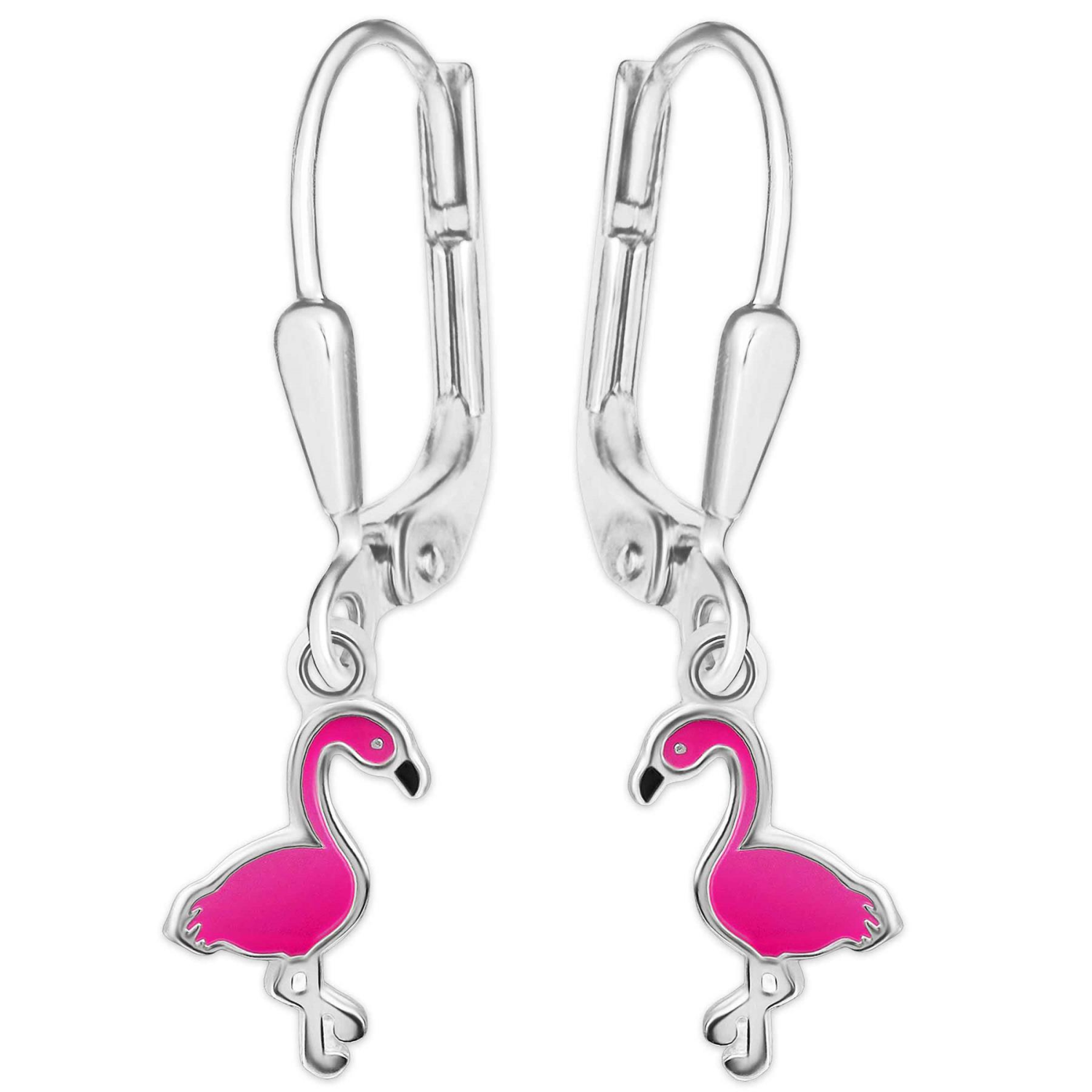Mädchen Ohrringe als Hänger 28 mm mit Mini Flamingo 10 mm pink Lack Echt Silber 925