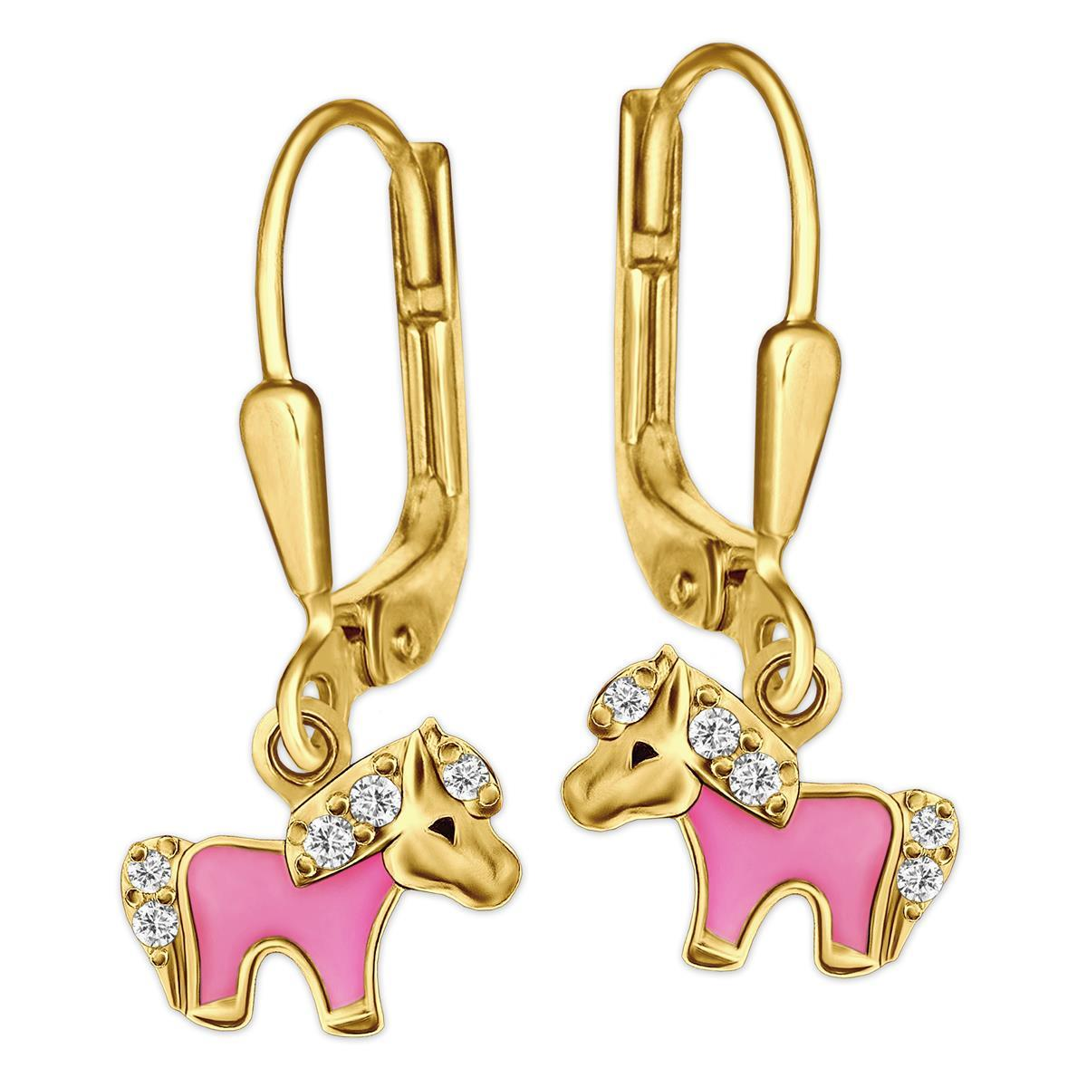 Vergoldete Ohrhänger 20 mm mit Mini Pony teils rosa lackiert mit vielen Zirkonias Sterling Silber 925 gold-plattiert