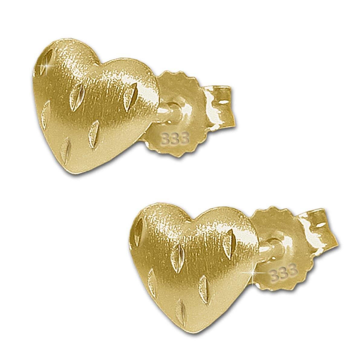 Goldene Ohrstecker Herz 5 mm gew&ouml;lbt seidenmatt mit Linien diamantiert 333 Gold