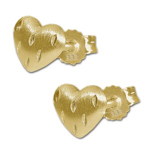 Goldene Ohrstecker Herz 5 mm gew&ouml;lbt seidenmatt mit kleinen Linien diamantiert 333 GOLD 8 KARAT