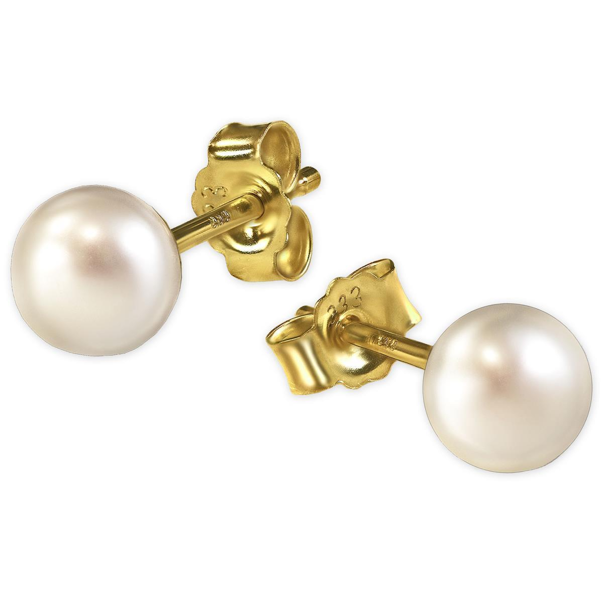 Perlen Ohrringe als Stecker Ø 5mm glänzend Süßwasserzuchtperle weiß 333 Gelbgold 8 Karat