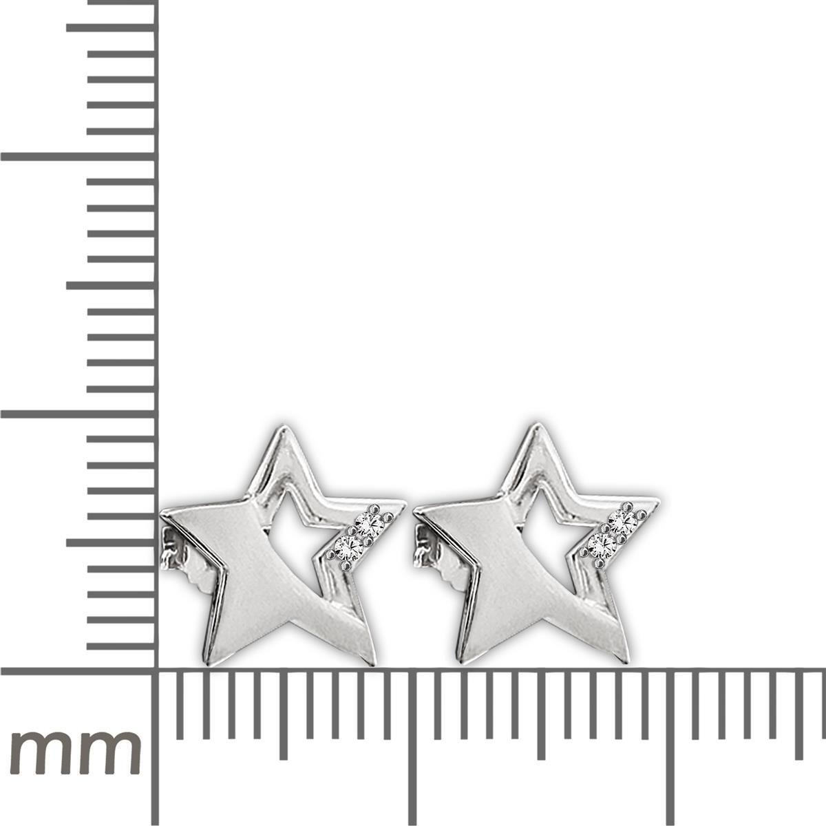 Silberne Ohrstecker Stern 9 mm matt und glänzend, teils offen mit 2 Zirkonias STERLING SILBER 925