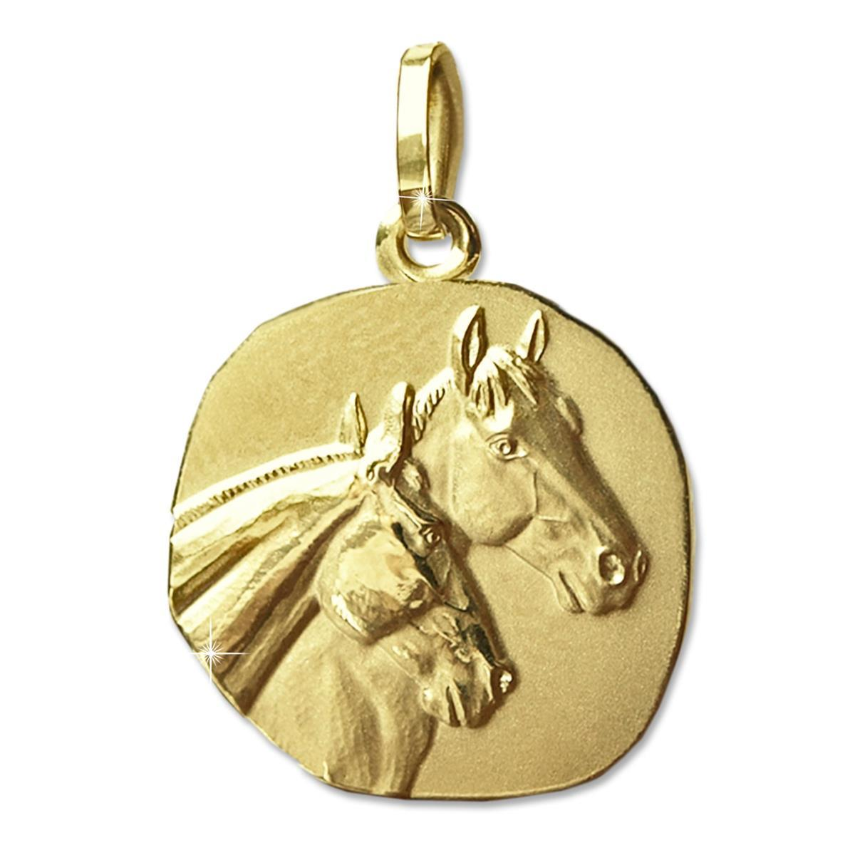 Goldener Anhänger Pferde als Medaille 16 mm matt und glänzend 333 GOLD 8 KARAT