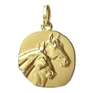 Goldener Anh&auml;nger Pferde als Medaille 16 mm matt und gl&auml;nzend 333 GOLD 8 KARAT
