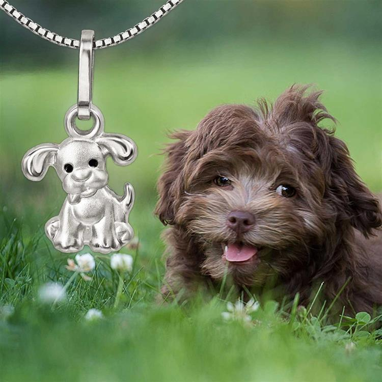 Silberner Anhänger Mini Hund mit schwarzen Augen Sterling Silber 925 weiß