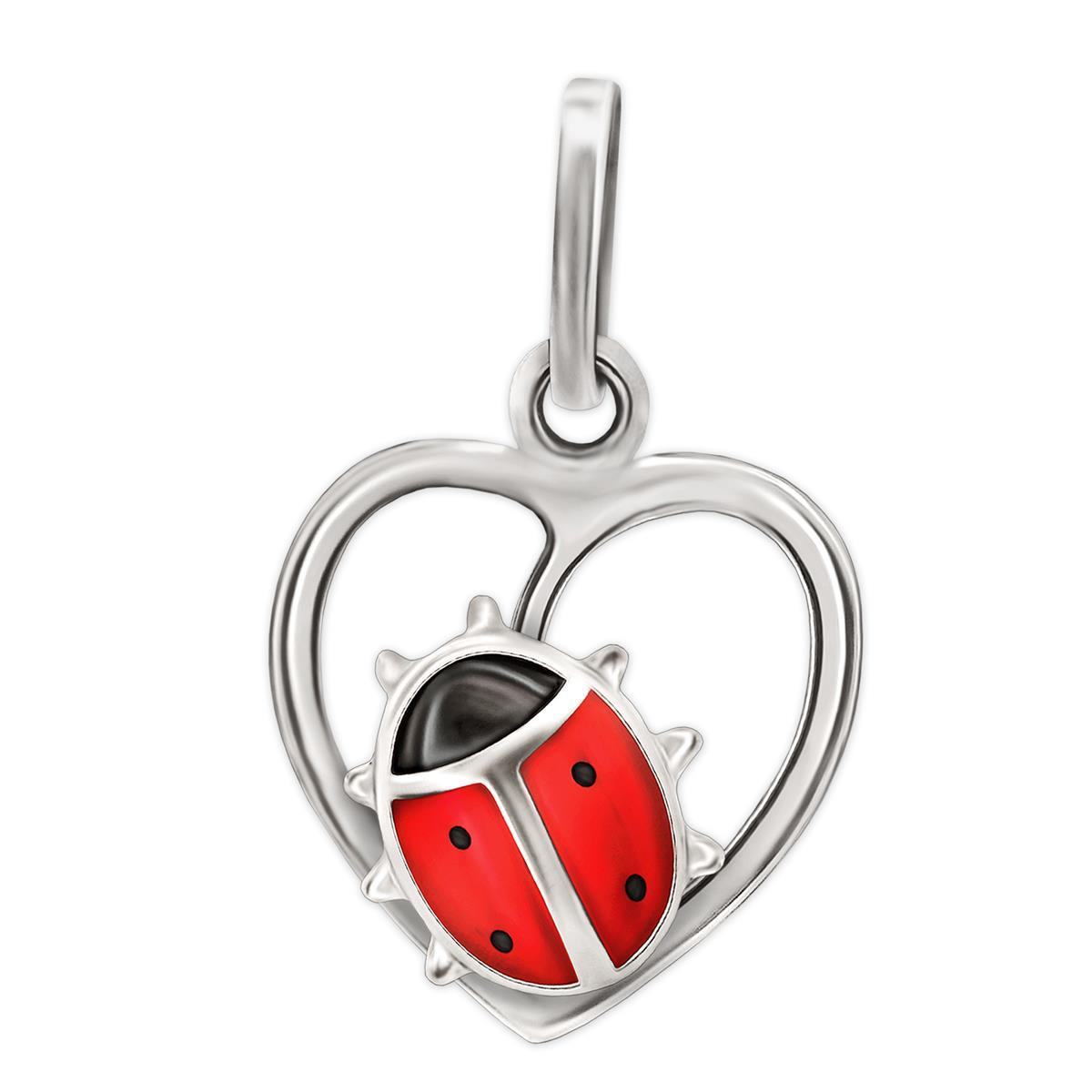 Anhänger Marienkäfer im Herz 10mm rot  schwarz glänzend lackiert Echt Silber 925